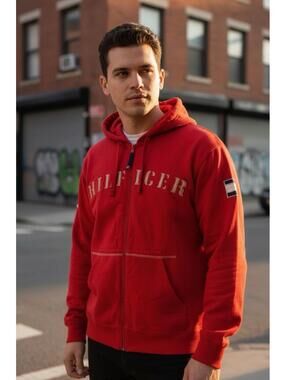 Vintage Tommy Hilfiger Zip Up Hoodie Red Cotton Sweatshirt 90s Y2K Size XL